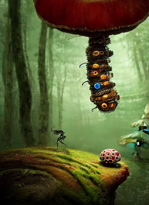 Prompt: portrait of an intricate mechanical caterpillar sitting on a mushroom in a magical forest. Very detailed 8k. Fantasy cyberpunk horror. Sharp. Cinematic post-processing