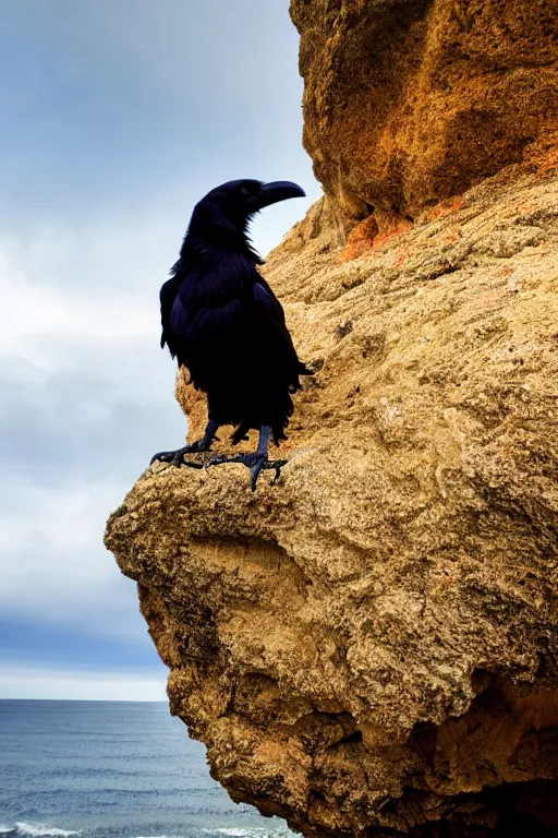 Prompt: a breathtakingly stunningly beautifully highly detailed extreme close up portrait of a raven under a rock arch, epic coves crashing waves plants, beautiful clear harmonious composition, dynamically shot, wonderful strikingly vivid beautiful dynamic sunset with epic clouds, detailed organic textures, by frederic leighton and rosetti and turner and eugene von guerard, 4 k