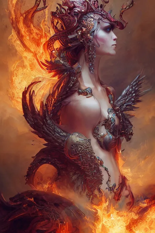 Image similar to beautiful girl sorcerer covered with fire and golden dragon skin, celtic rune tattoos, casting magic spell, angel, fantasy, magic the gathering, hyper detailed, 3 d render, hyper realistic detailed portrait, peter mohrbacher, wlop, ruan jia, luis royo