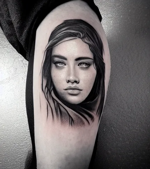 Image similar to blend of a hyper realistic mountain scenery with a beautiful woman face, tattoo design sketch, in the style of matteo pasqualin, hyper - realistic, amazing detail, black and white