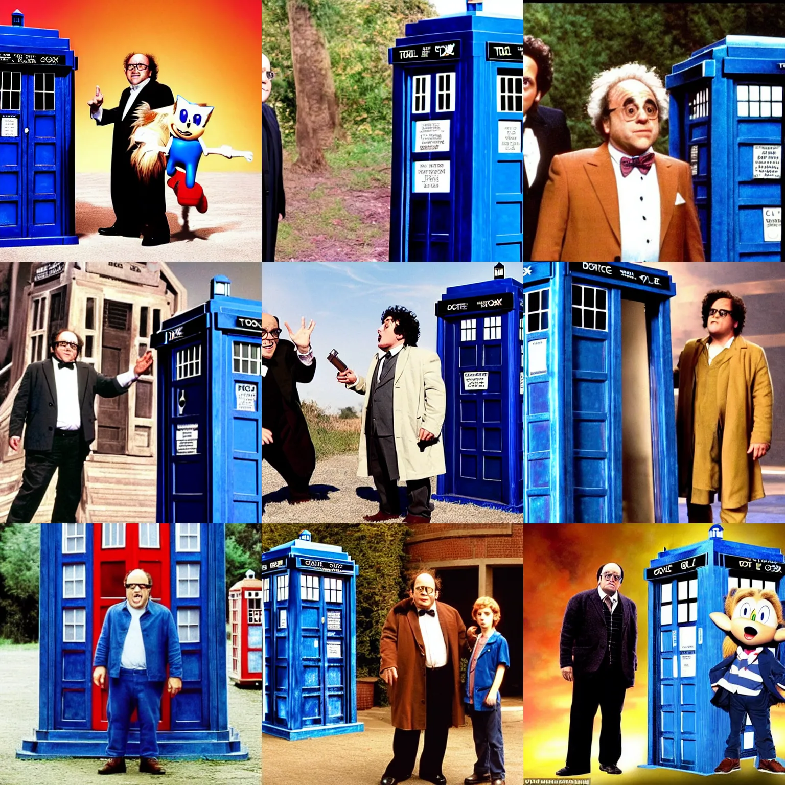 Prompt: <movie still cohesive>((danny devito)) as ((doctor who)) stands next to the tardis with his companion ((sonic the hedgehog))</movie>