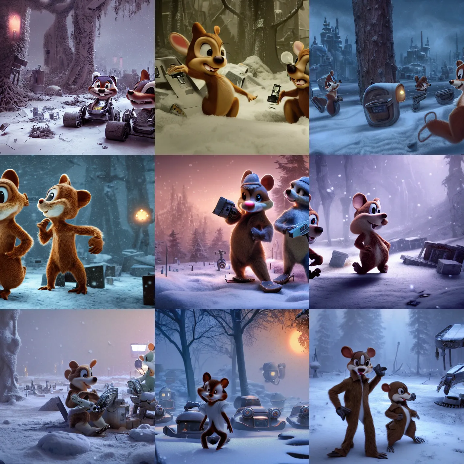 Prompt: Chip and Dale in a surreal dreamlike scene of a robot graveyard in a snowy landscape, volumetric lighting, unreal engine 5, soft calming atmosphere, photorealistic, soothing colors, somber melancholic matte painting, hyperrealism, hyperrealistic, cinematic masterpiece, fantasy style 8k ultrahd octane render