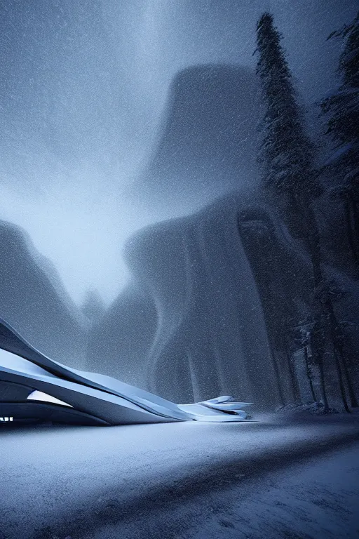 Prompt: a futuristic scene in front of a zaha hadid building in the forrest of the french alps in the style of chris moore, stormy weather, cinematic matte painting, extreme detail photo quality, dark moody colors, snowfall, featured on behance