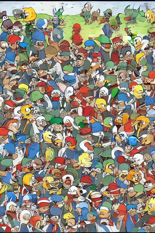 Prompt: concept art, full frontal page, finding waldo but he is a duck, highly detailed, 8k