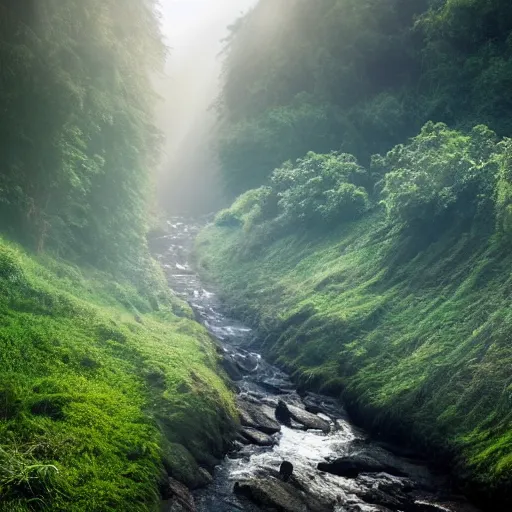 Image similar to stream running through a valley, very high steep mountains, fog, mist, god rays, fantasy, epic