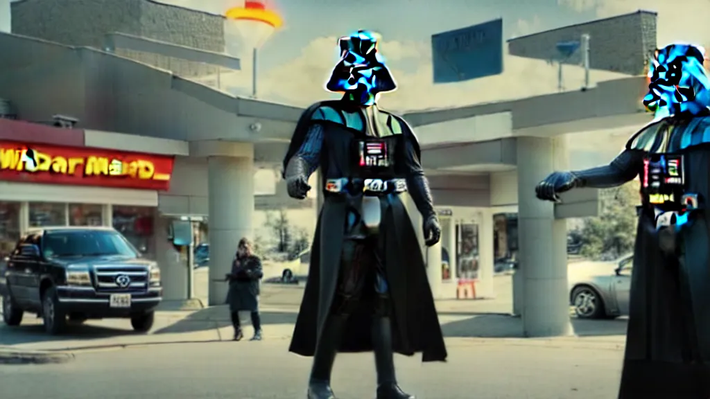 Image similar to Darth Vader at Mcdonalds Drive through, film still from the movie directed by Denis Villeneuve with art direction by Salvador Dalí, wide lens