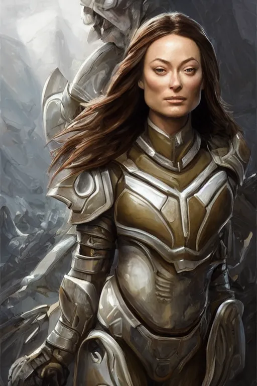 Image similar to a professional painting of a young Olivia Wilde, clothes in military armor, olive skin, long dark hair, beautiful bone structure, symmetrical facial features, intricate, elegant, digital painting, concept art, smooth, sharp focus, illustration, from StarCraft by Ruan Jia and Mandy Jurgens and Artgerm and William-Adolphe Bouguerea