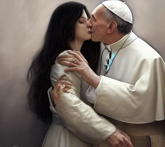 Image similar to photography of a pope kissing the breast of a sensual woman, deep focus, intricate, elegant, highly detailed, digital painting, artstation, concept art, matte, sharp focus, illustration, art by artgerm and greg rutkowski and alphonse mucha