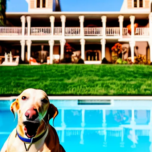 Image similar to a very detailed photo of a dog smoking a cigar outside the mansion by the pool