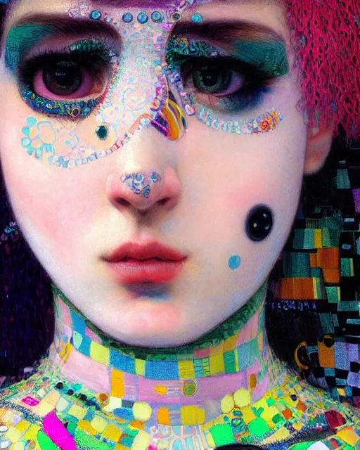 Prompt: a close up of beautiful decora cybergoth emo girl wearing a balaclava surrounded by colourful intricate patterns, by gustave klimt edgar maxence and caravaggio and michael whelan, intricate painting, hyper realistic, extremely detailed and beautiful aesthetic face, 8 k resolution