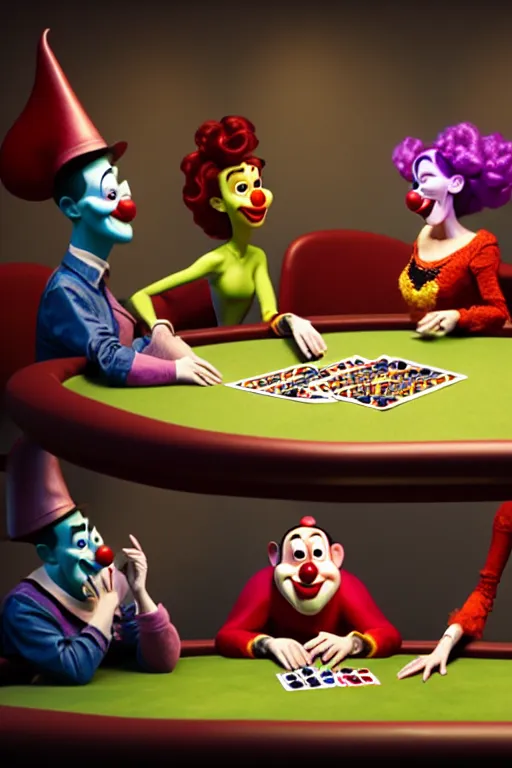 Image similar to pixar clowns sitting around a poker table, laughing maniacally | glamorous oily soft polished rich ornate modern | weta disney pixar movie still photo | hi - fructose, sci fi fantasy, smooth, octane render, sharp focus, artstation, concept art | artgerm, mucha, rutkowski, feng zhu, wlop, loish