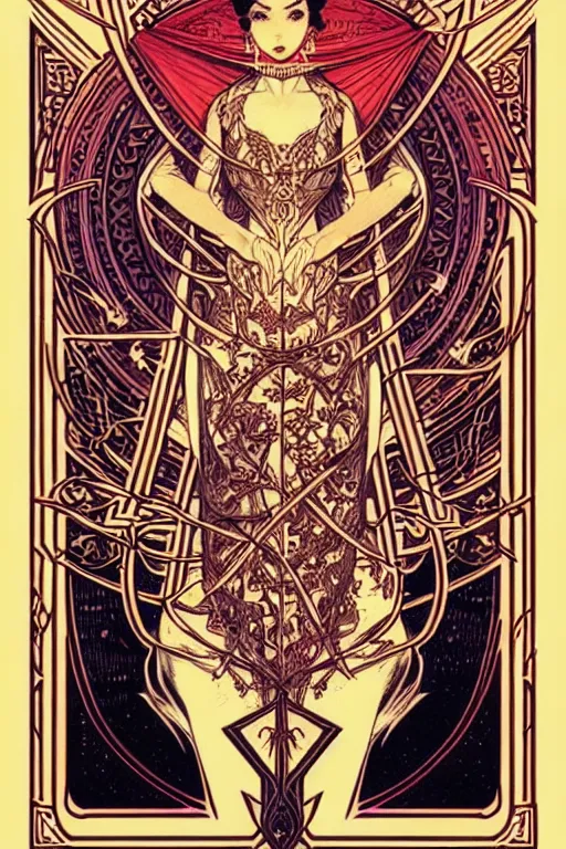 Prompt: concept art design illustration, vertical symmetric tarot card intricate filigree borders!!, 1 6 colors, logo, ink drawing, art by jc leyendecker and sachin teng