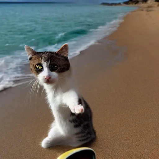 Image similar to photo of an anthropomorphic cat chilling out on the beach and sipping a martini
