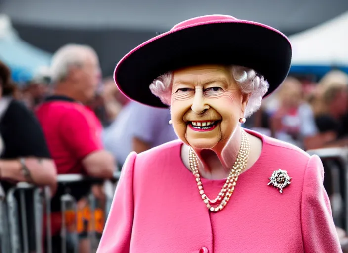 Prompt: photo still of queen elizabeth at vans warped tour!!!!!!!! at age 7 0 years old 7 0 years of age!!!!!!! in the mosh pit, 8 k, 8 5 mm f 1. 8, studio lighting, rim light, right side key light
