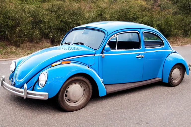 Prompt: a blue beetle car with burgers in place of the wheels