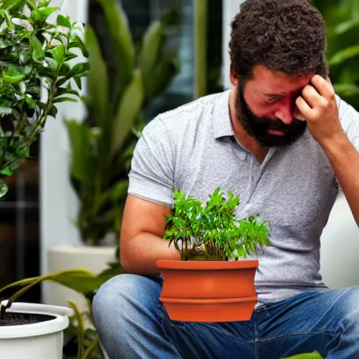 Image similar to a man sobbing over his dying potted plant