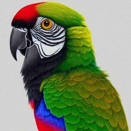Prompt: a beautiful color pencil drawing of a parrot by chuppy lim, coloring book, colorful, smooth lines, artstation, 8K, very detailed