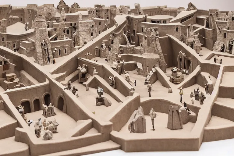 Prompt: mc escher and hr giver inspired claymation diorama of the huge citadel by wes anderson