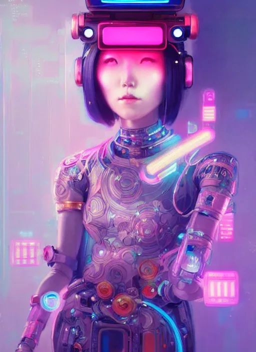 Prompt: portrait of female japanese android wearing a vr headgear and in an elaborate kimono dress, hologram hovering around her, intricate detail, cyber neon lighting, highly detailed, beautiful wide angle photography, artstation, glamor pose, concept art, art by peter mohrbacher, pinterest, artstation,