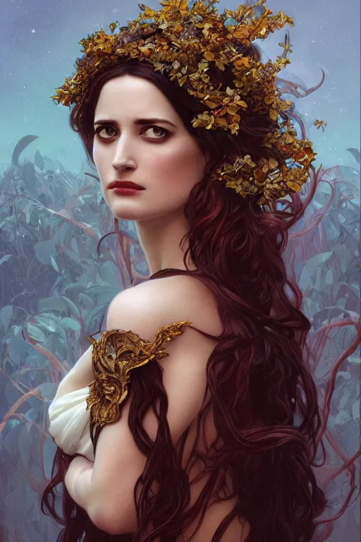 Image similar to ultra realistic illustration, eva green as persephone, intricate, elegant, highly detailed, digital painting, artstation, concept art, smooth, sharp focus, illustration, art by artgerm and greg rutkowski and alphonse mucha