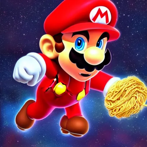 Image similar to mario in space eating ramen, trending on artstation, ultra realistic, ultra detailed, digital painting