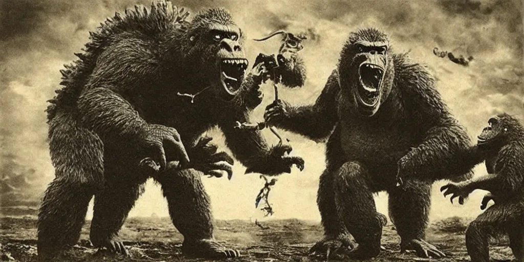 Image similar to “Godzilla fighting King Kong, 1900’s photo”
