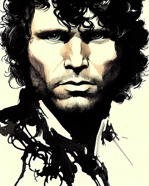 Prompt: portrait of jim morrison, concept art, sumi - e style, intricate linework, artstation, trending, highly detailed, smooth, focus, art by yoji shinkawa and glenn fabry,