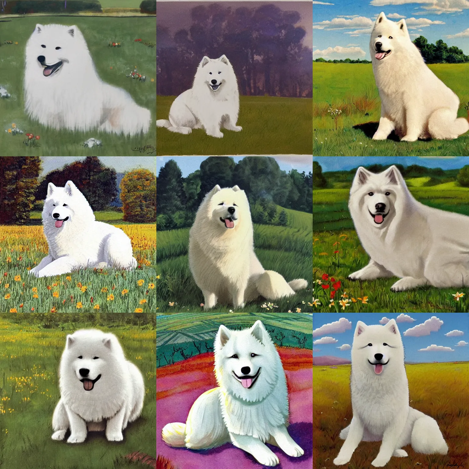 Prompt: a samoyed dog sitting in the middle of sunny meadow, by Jack Kirby