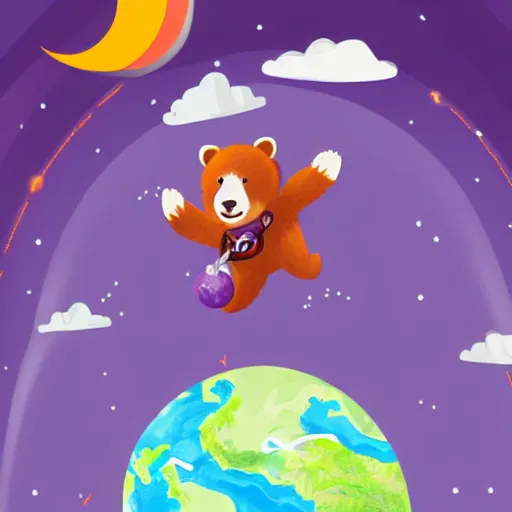 Image similar to cartoon illustration of a bear mascot being launched from a futuristic marble planet, purple and orange cloudland