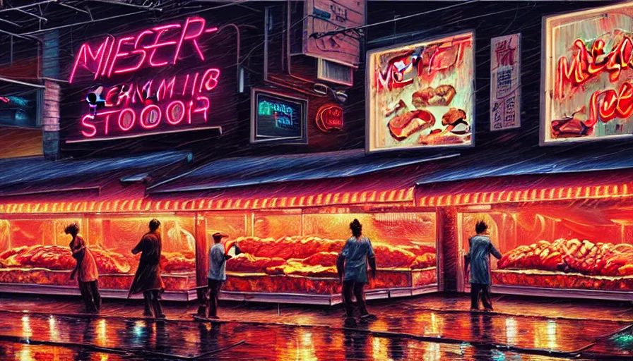 Image similar to painting of a neon sign storefront meat butcher shop, raining, busy street, cyberpunk, romantisism, outrun, synthwave, painting, detailed, by android jones