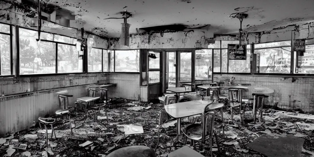 Prompt: a photograph from inside an abandoned diner