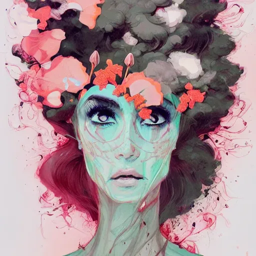 Image similar to surreal gouache paintingby conrad roset, female head with flowers growing out, portrait, cgsociety, artstation, rococo dreamycostume and grand headpiece,