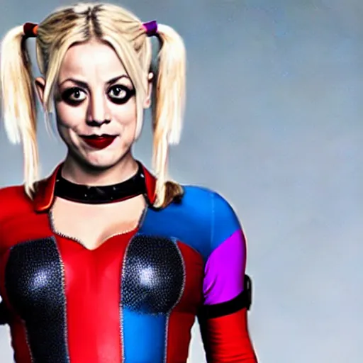 Image similar to A still of Kaley Cuoco as Harley Quinn