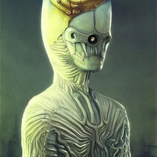 Prompt: Alien King in white imperial clothing, mantle, gold mask by Giger and Beksinski