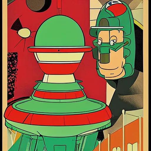 Image similar to bauhaus print poster of the futurama spaceship, planet express, old bessie