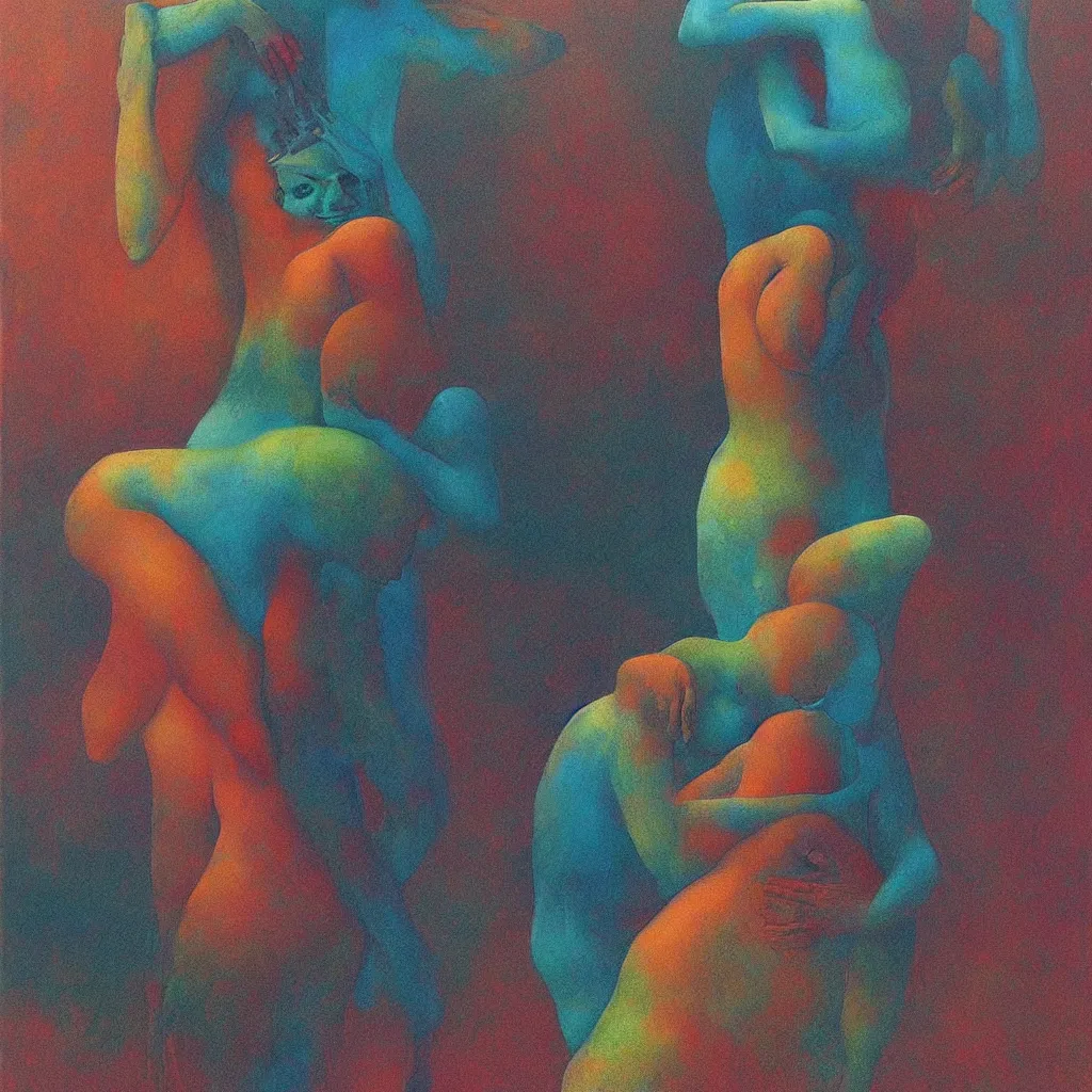 Image similar to men kiss girl and hug and cuddle colourful shiny beautiful harmony painting by zdzisław beksinski