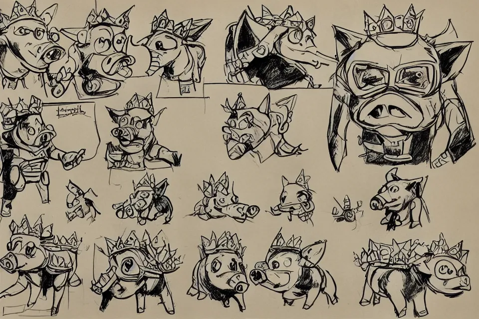 Image similar to concept sketches of a pig wearing a gold crown side profile by jamie hewlett, in the style of megaman