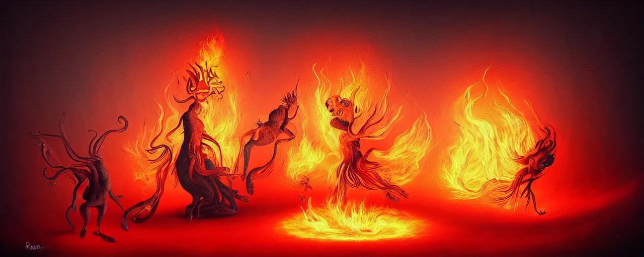 Image similar to whimsical fiery alchemical creatures, surreal dark uncanny painting by ronny khalil