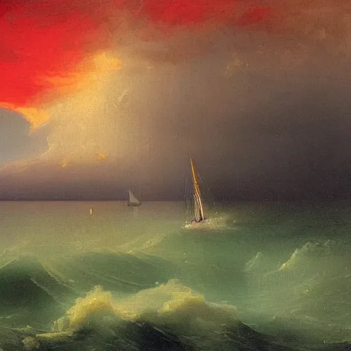 Image similar to red clouds and green ocean in iceland fjord with sailboat painting by ivan aivazovsky