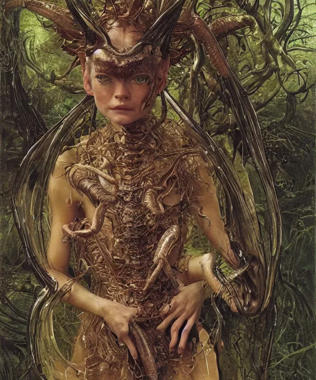 Prompt: a portrait photograph of a fierce sadie sink as an alien harpy queen with slimy amphibian skin. she is trying on black latex bulbous slimy organic membrane parasitic plastic and transforming into an insectoid amphibian. by donato giancola, walton ford, ernst haeckel, brian froud, hr giger. 8 k, cgsociety