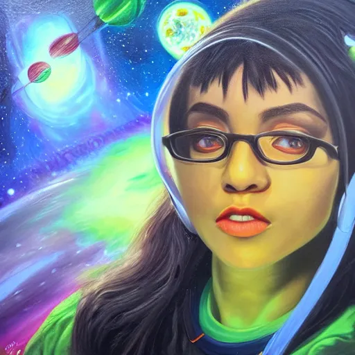 Image similar to hyperdetailed portrait of jade from homestuck floating in space between stars and planets, hyperrealism, detailed, oil painting