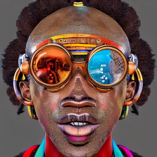 Image similar to colourful vfx upper half - portrait - art of a african tribal chief wearing steam punk goggles, art by utagawa kunisada & james jean, symmetrical, intricate detail, concept art, volumetric light, ray tracing, caricature, digital illustration, octane 3 d render, unreal engine, sharp, pinterest, behance, art station,