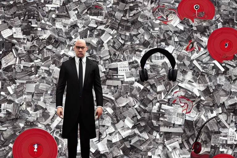 Image similar to an expressive portrait of agent 4 7 from hitman wearing headphones standing on a floor of vinyl records, dark background, red rim light, digital art, artstation, concept art by giger stalenhag