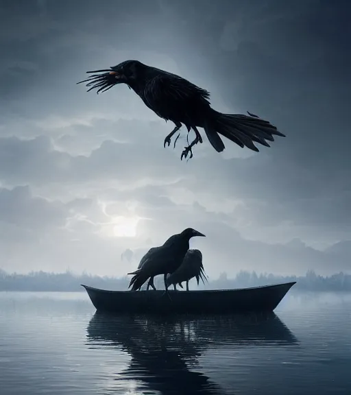 Image similar to three crows in a little boat in a swamp, volumetric lighting, majestic light, octane render, ethereal glare of the sun, hyper realistic, epic, masterpiece, by greg rutkowski