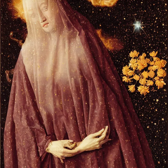 Image similar to a veiled woman with crying flowers in a nebula, by Jan van Eyck