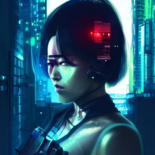 Prompt: portrait of a fierce dangerous female cyberpunk hacker samurai in neotokyo at night, futuristic cyberpunk tokyo night, sci - fi and fantasy, intricate and very beautiful, highly detailed, digital painting, artstation, concept art, smooth and sharp focus, illustration, art by tian zi and wlop and alphonse mucha