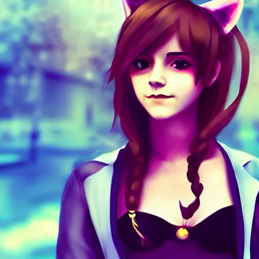 Image similar to 3 d photo of emma watson cosplaying as an anime catgirl, bokeh, shader, anime art style, highly detailed, cel - shaded, colorful, animated, trending