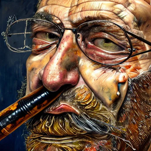 Image similar to an extreme close up portrait a beared wizard smoking a pipe, front angle, by Lucian Freud and Jenny Saville and Anselm Kiefer, oil painting, rust, Scaffolding, rusted metal, iron cladding, decay, mixed media, textured, anatomically correct, beautiful perfect face, visible brushstrokes, sharp focus, Highly Detailed, Cinematic Lighting, 8k, HD