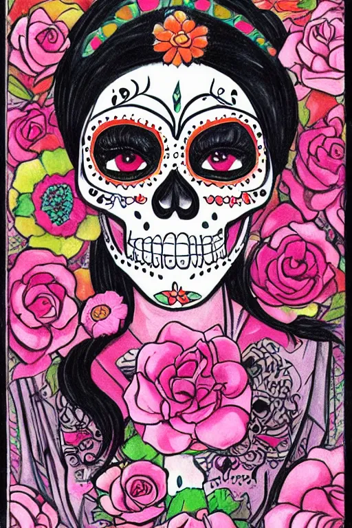 Image similar to Illustration of a sugar skull day of the dead girl, art by Tsuguharu Fujita