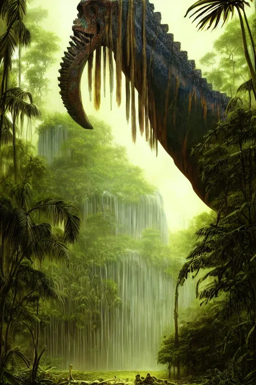 Prompt: a swampy tropical forest surprising a ancient mayan ruins with argentinosaurus walking around, tone mapped, shiny, intricate, cinematic lighting, highly detailed, digital painting, artstation, concept art, smooth, sharp focus, illustration, art by arthur haas and bruce pennington and john schoenherr